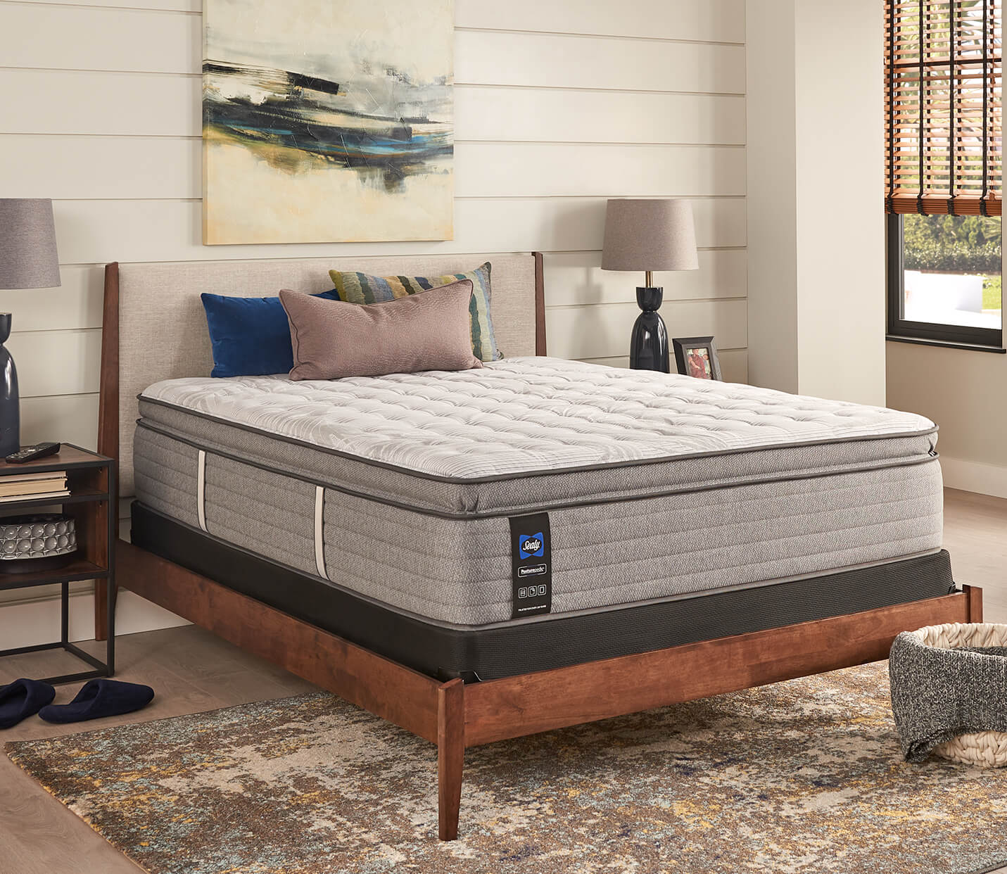 Queen size EPT Sealy Posturepedic® mattress in styled bedroom